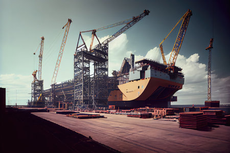 shipbuilding facility, with cranes and ships in various stages of construction, created with generative aiの素材