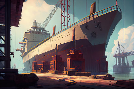 shipyards floating dock, with newly built ship in the background, created with generative aiの素材