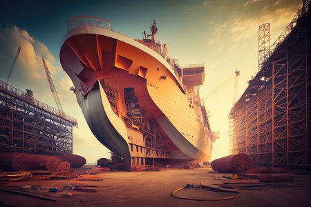 shipyard, with view of massive ship under construction, created with generative aiの素材