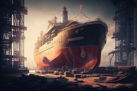shipyard, with view of massive ship under construction, created with generative aiの素材