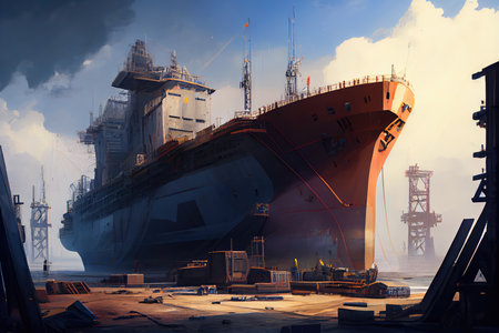 shipyard, with view of massive ship under construction, created with generative aiの素材