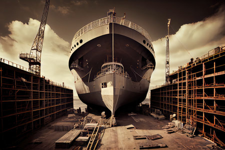shipyard, with view of cargo ship being constructed in dry dock, created with generative aiの素材