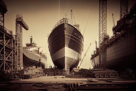 shipyard with rows of massive ships under construction in dock, created with generative aiの素材