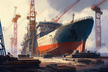 modern shipyard, with cranes and vessels under construction, created with generative aiの素材