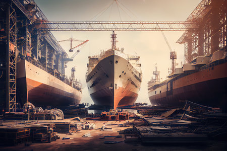 shipyard with rows of ships in various stages of construction and repair, created with generative aiの素材