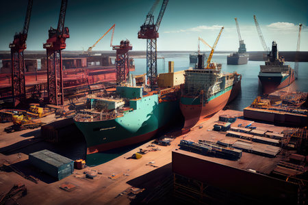 huge shipyard, with cranes and vessels in various stages of construction, created with generative aiの素材