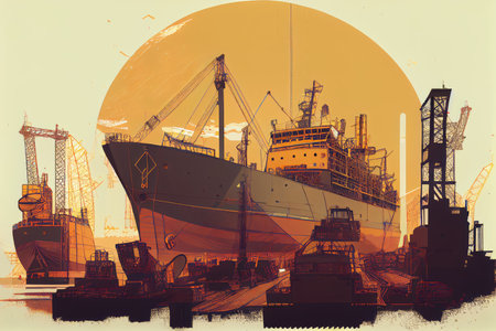 shipyard with a range of vessels in various stages of construction and repair, created with generative aiの素材