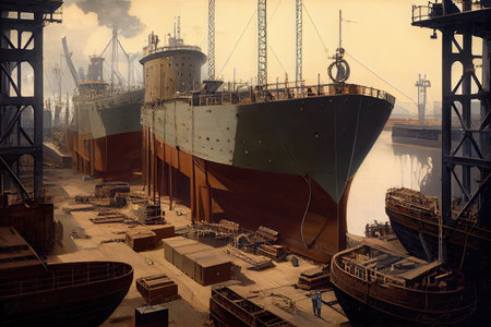 shipyard, with dozens of vessels being built or repaired, created with generative aiの素材