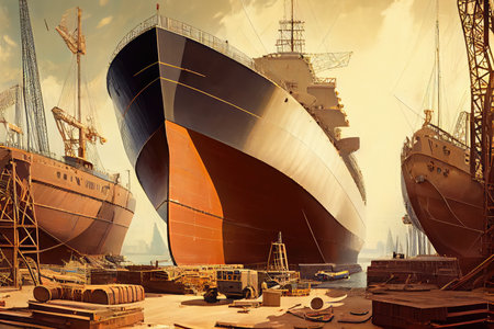 shipyard, with dozens of vessels being built or repaired, created with generative aiの素材
