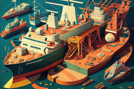 modern shipyard, with various designs and models of ships being built from the ground up, created with generative aiの素材