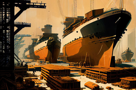 shipbuilding facility, with ships of various sizes and types in different stages of construction, created with generative aiの素材