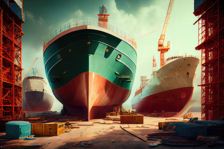 shipbuilding facility, with ships of various sizes and types in different stages of construction, created with generative aiの素材