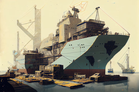 shipyard, with half-built modern ship, surrounded by cranes and construction equipment, created with generative aiの素材