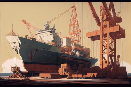 shipyard, with half-built modern ship, surrounded by cranes and construction equipment, created with generative aiの素材