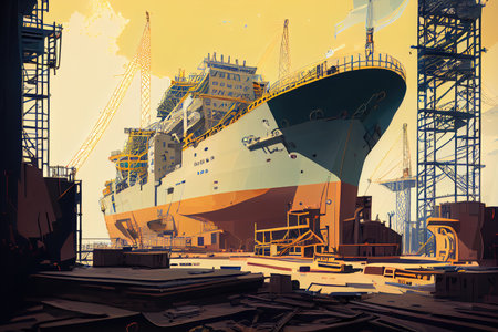 shipyard with variety of boats under construction and in various stages of completion, created with generative aiの素材