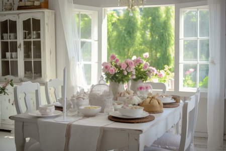 shabby chic dining room, with table decorated with fresh blooms and simple white dishes, created with generative aiの素材