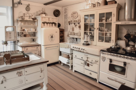 shabby chic kitchen with vintage appliances and white cabinets, created with generative aiの素材