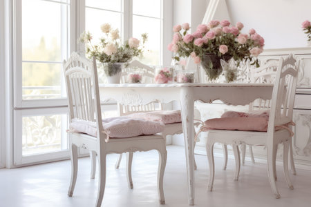shabby chic dining room with white table and chairs, glass vase, and pink flowers, created with generative aiの素材