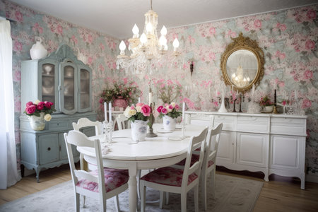 shabby chic dining room with vintage chandelier and floral wallpaper, created with generative aiの素材
