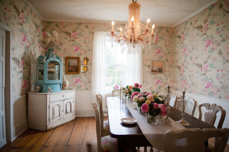 shabby chic dining room with vintage chandelier and floral wallpaper, created with generative aiの素材