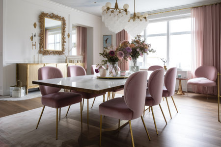 shabby chic dining room with velvet chairs and gold accessories, created with generative aiの素材