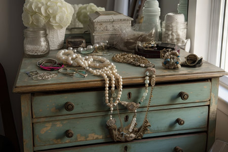 shabby chic dresser with vintage jewelry and accessories, created with generative aiの素材