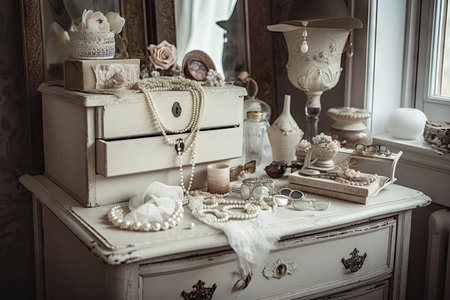 shabby chic dresser with vintage jewelry and accessories, created with generative aiの素材