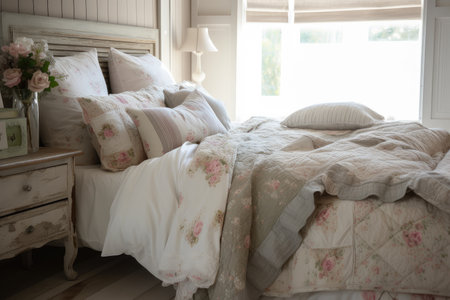 shabby chic bedroom with delicate floral duvet, soft furnishings and natural stone accents, created with generative aiの素材