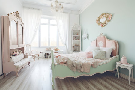 shabby chic bedroom with vintage bed and soft pastel colors, created with generative aiの素材