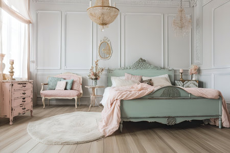 shabby chic bedroom with vintage bed and soft pastel colors, created with generative aiの素材