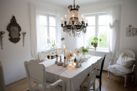 a shabby chic dining room with a chandelier, white tablecloth and black chairs, created with generative aiの素材