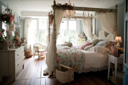 a shabby chic bedroom with a canopy bed, floral bedding and rattan accessories, created with generative aiの素材
