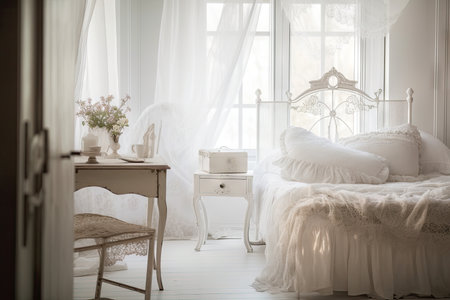 shabby chic bedroom with white linens, lace curtains, and dainty furniture, created with generative aiの素材