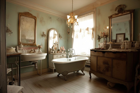 shabby chic bathroom, complete with clawfoot tub and antique vanity, created with generative aiの素材