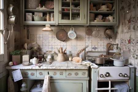 shabby chic kitchen, with distressed cabinets, hand-painted ceramic tiles and vintage accessories, created with generative aiの素材