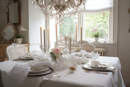 shabby chic dining room with elegant chandelier, white linen tablecloth and crystal glasses, created with generative aiの素材