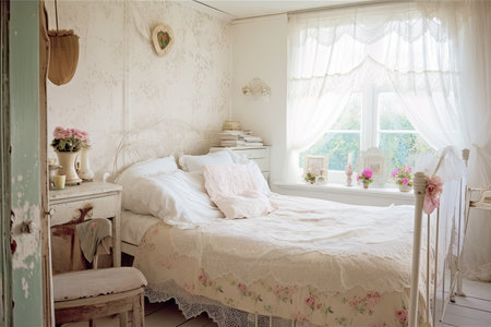 shabby chic bedroom with wooden furniture, lace curtains and floral duvet, created with generative aiの素材