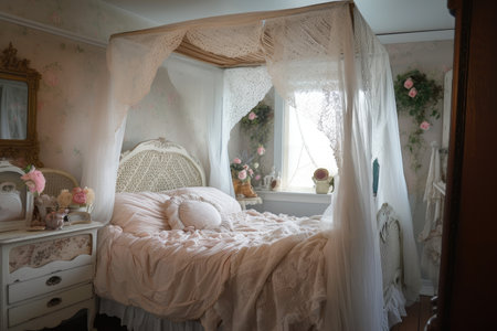 shabby chic bedroom with vintage canopy bed, lace curtains and rose bouquet, created with generative aiの素材