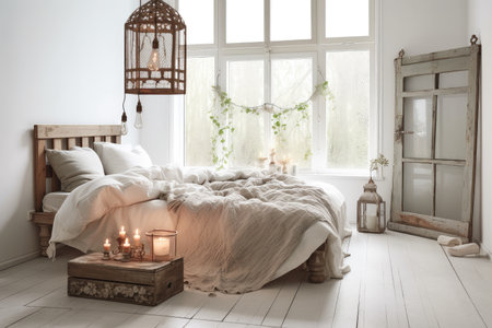 shabby chic bedroom with rustic bed and hanging lantern, created with generative aiの素材