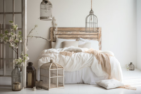 shabby chic bedroom with rustic bed and hanging lantern, created with generative aiの素材