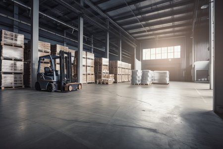 warehouse, with forklift transporting pallet of goods from one location to another, created with generative aiの素材