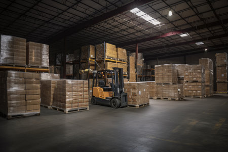 warehouse, with forklift moving pallets of product from one location to another, created with generative aiの素材