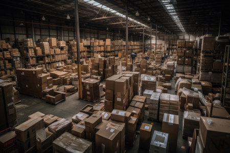 warehouse filled with boxes of various sizes, shapes, and colors, created with generative aiの素材