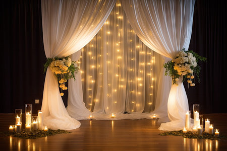 wedding arch with draping and lights for modern and simple wedding, created with generative aiの素材