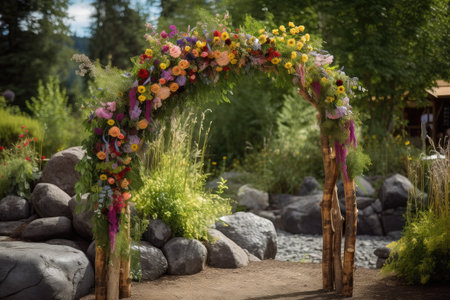 a wooden arch decorated with colorful flowers and greenery, created with generative aiの素材