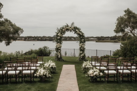 wedding with simple arch and floral arrangements, created with generative aiの素材