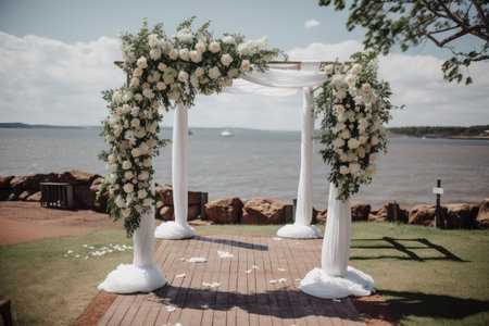 wedding with simple arch and floral arrangements, created with generative aiの素材