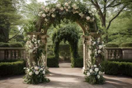wedding arch with lush greenery and floral accents, created with generative aiの素材
