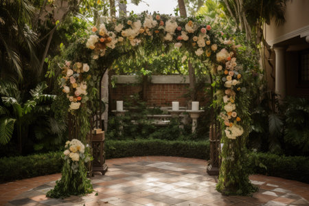 wedding arch surrounded by greenery and flowers, created with generative aiの素材