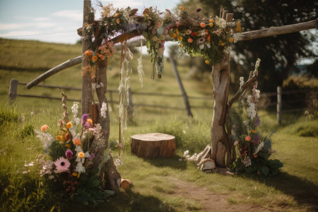 rustic wedding arch with twine, wildflowers and wooden sign, created with generative aiの素材